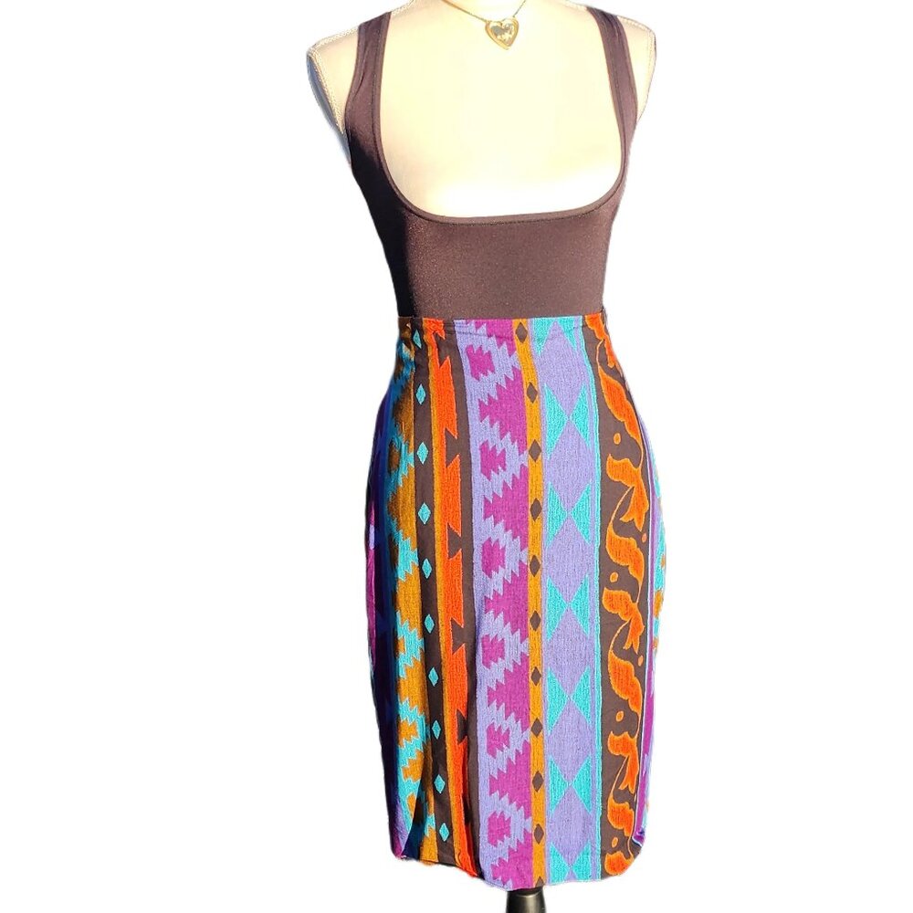 Vintage, multi-color, high rise, southwestern print pencil skirt. Size 8